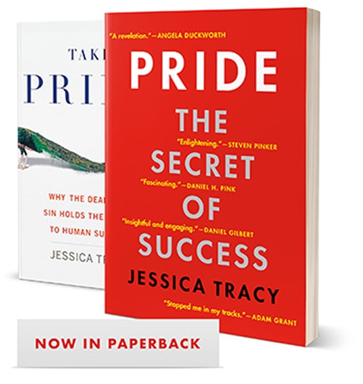 Book cover of “Pride: The Secret of Success” by Jessica Tracy. The cover is red with white and yellow text, featuring endorsements from Angela Duckworth, Steven Pinker, Daniel H. Pink, Daniel Gilbert, and Adam Grant.